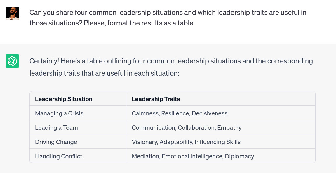 Screenshot from ChatGPT, table of leadership skills example